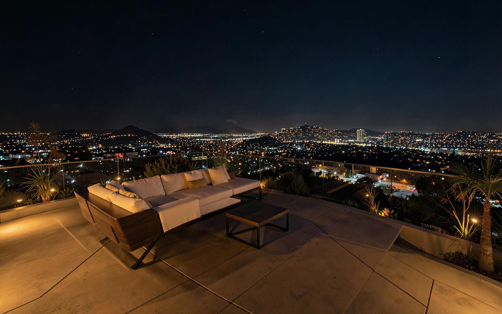 Hollywood Hills terrace above the city lights at night