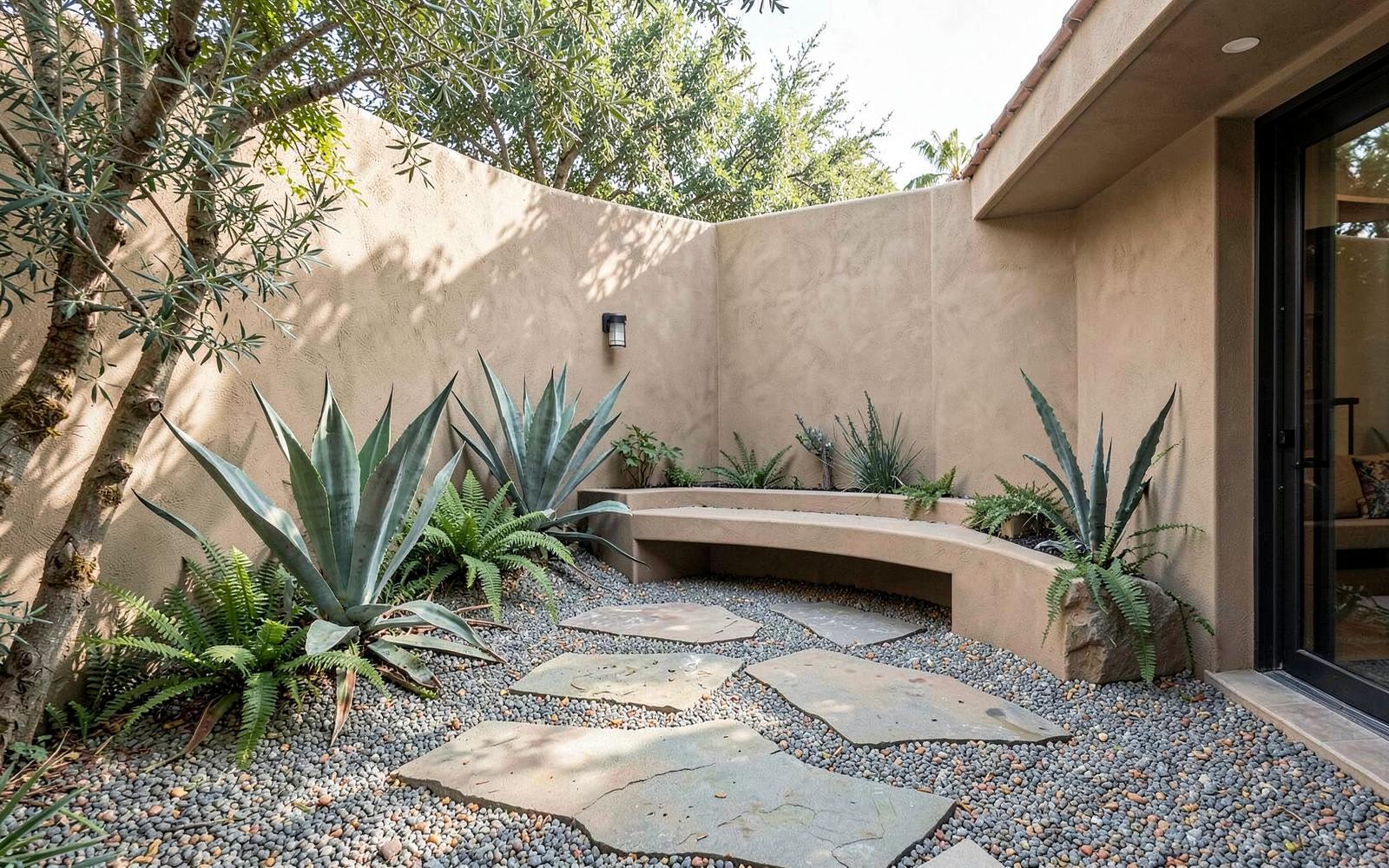 Compact Santa Monica courtyard with stone pavers and agave