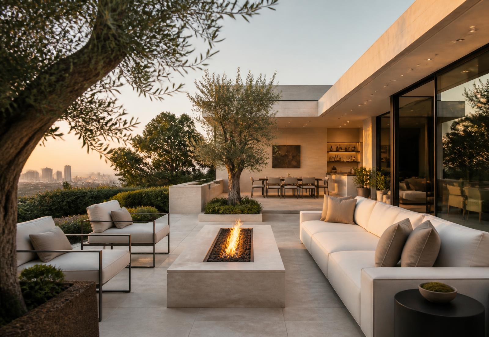 Linear fire feature on a stone terrace at dusk