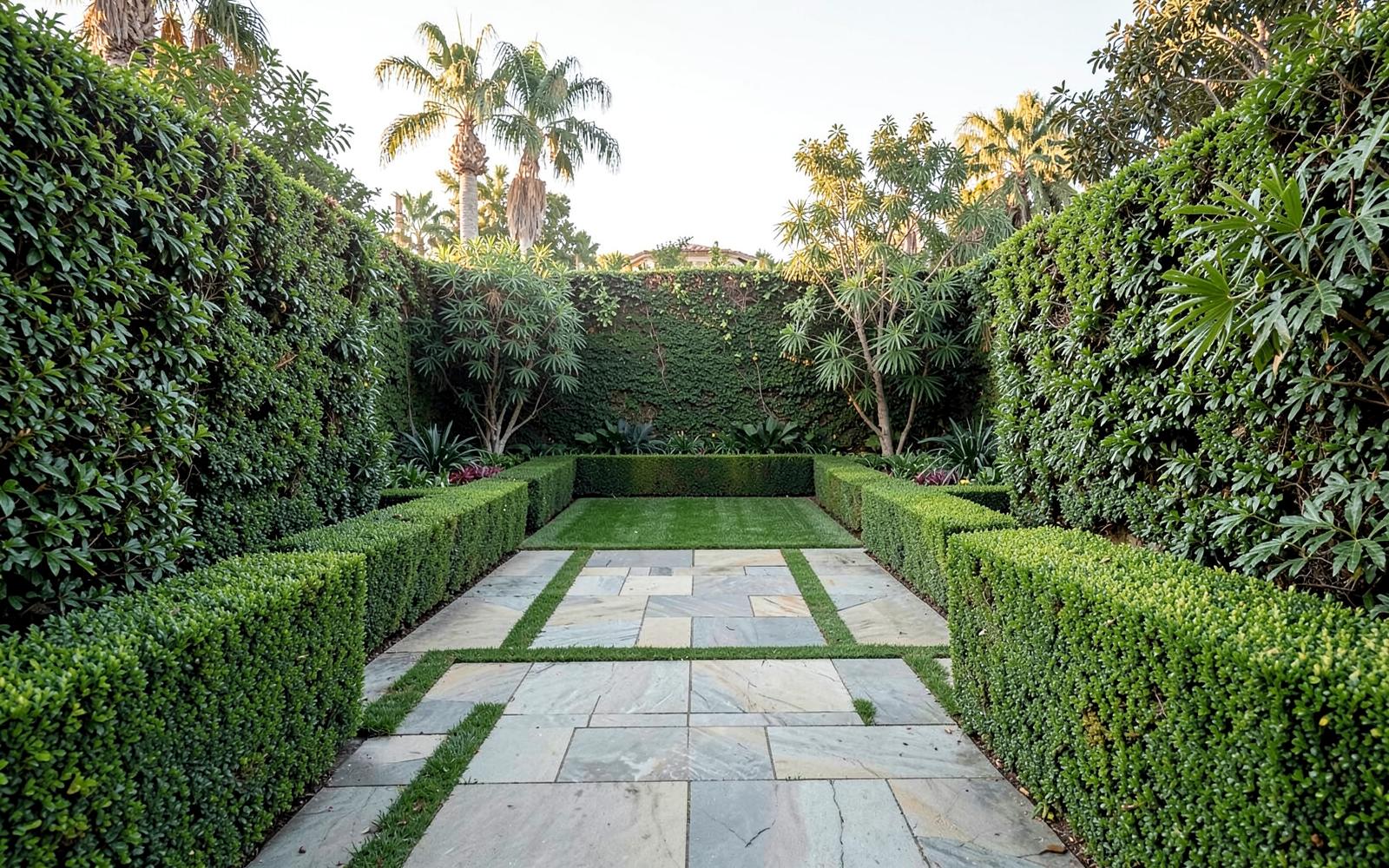 Formal Beverly Hills garden with clipped hedging and stone paving
