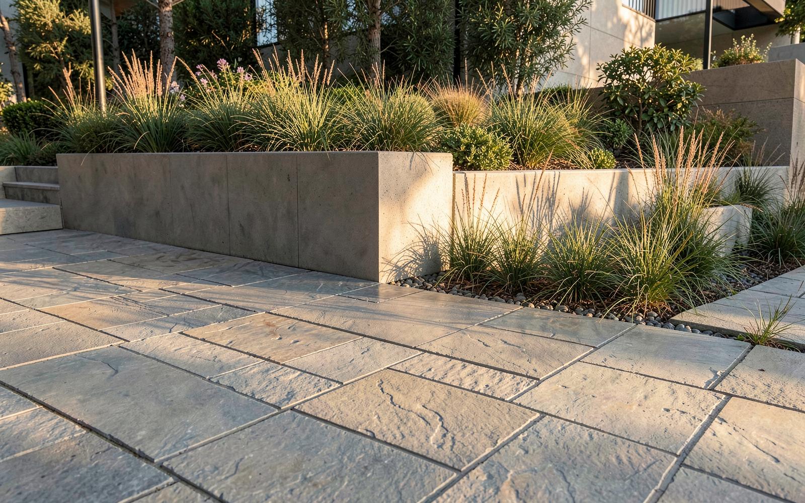 Large-format stone paving beside a low board-formed concrete wall