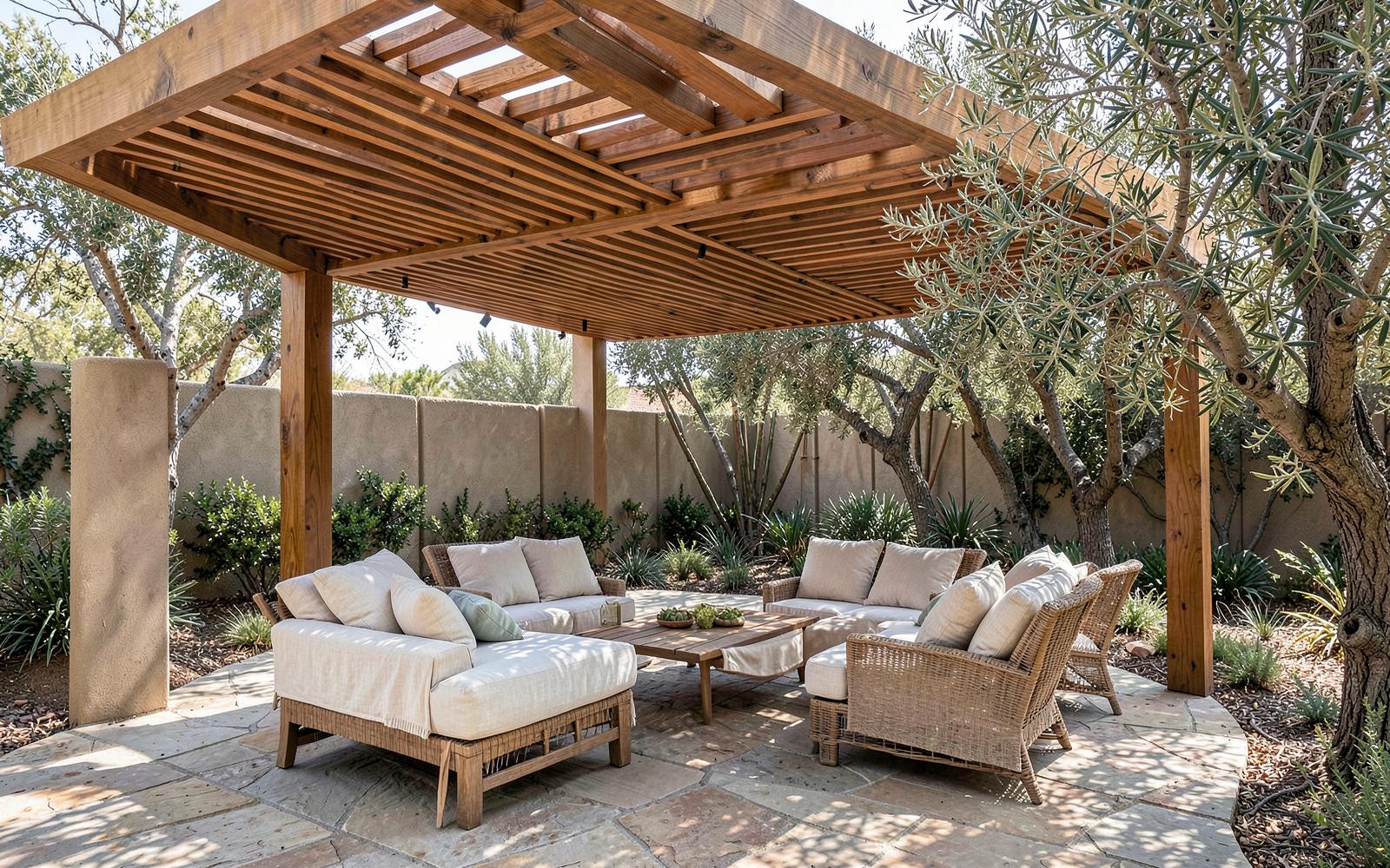 Wood-slat pergola shading a stone patio with lounge seating