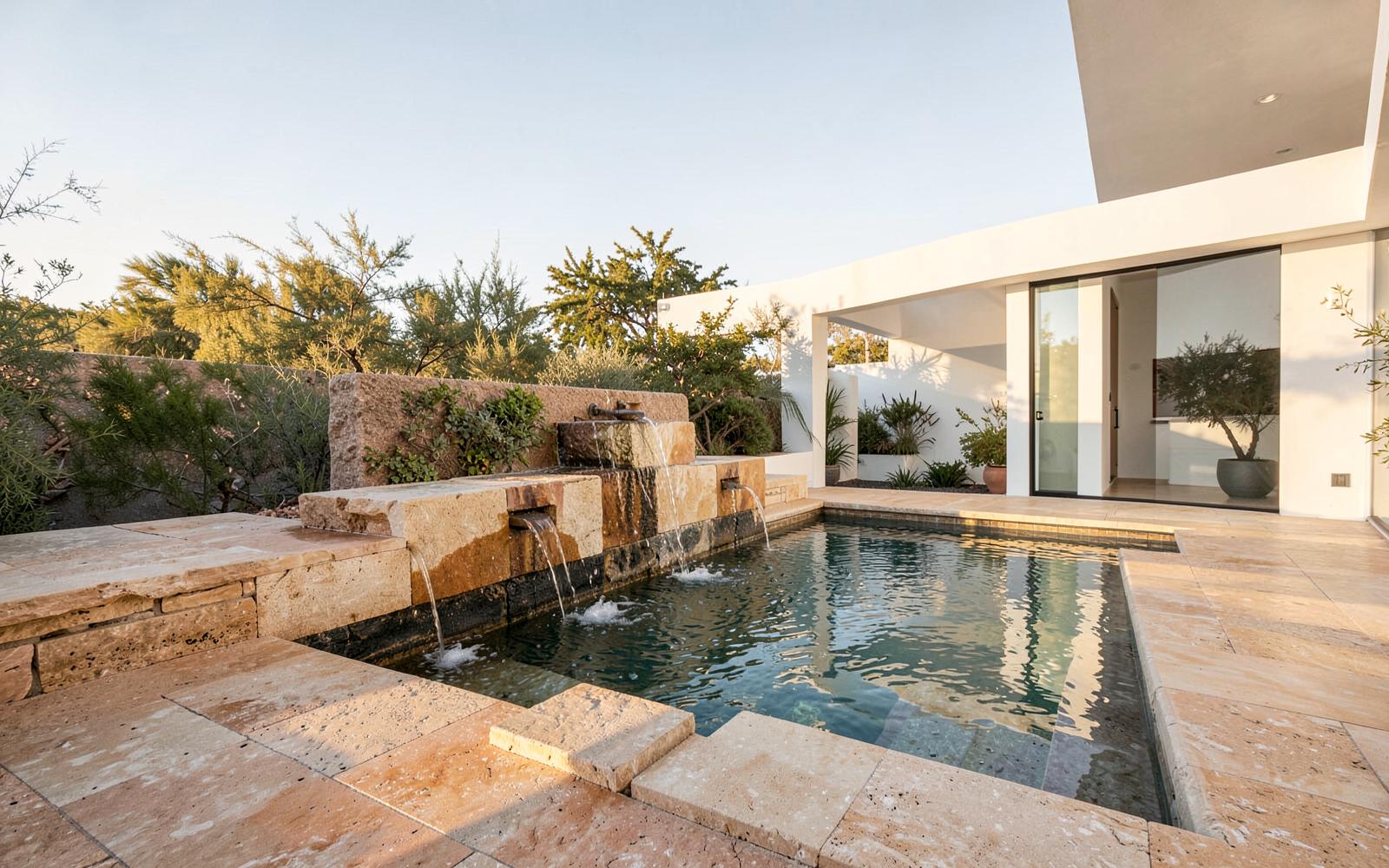 Raised stone spa spilling into a modern swimming pool in Los Angeles