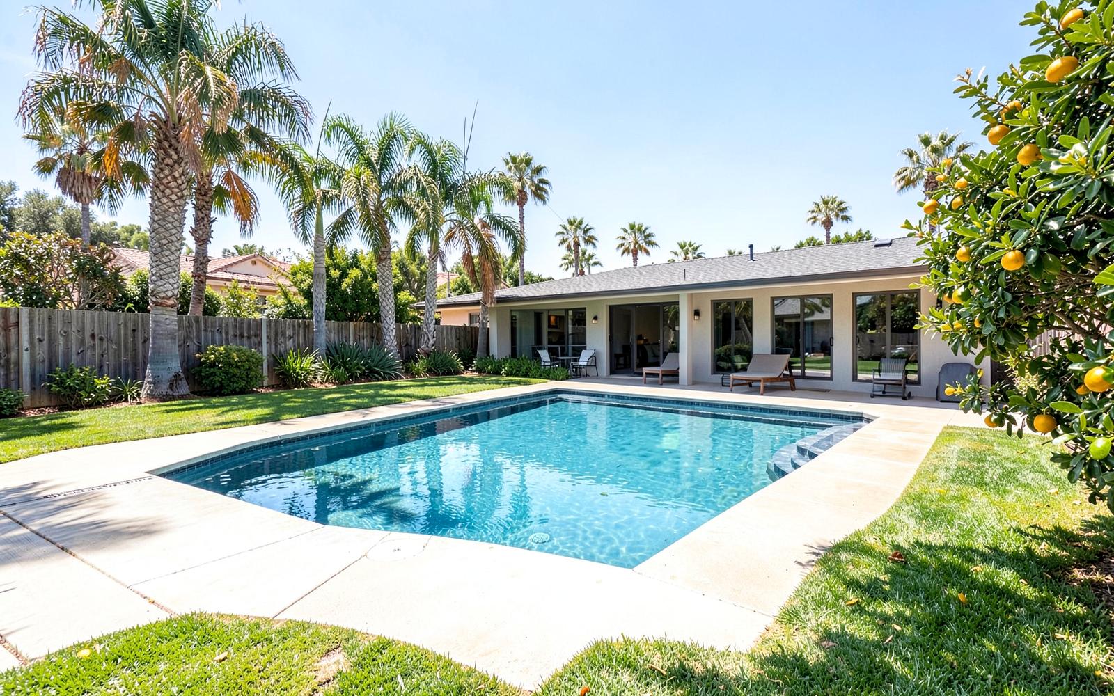 Wide flat Encino backyard with a long rectangular pool and palms