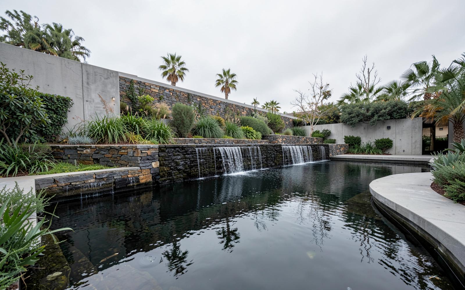 Sheet-flow stone water wall falling into a dark reflecting pool
